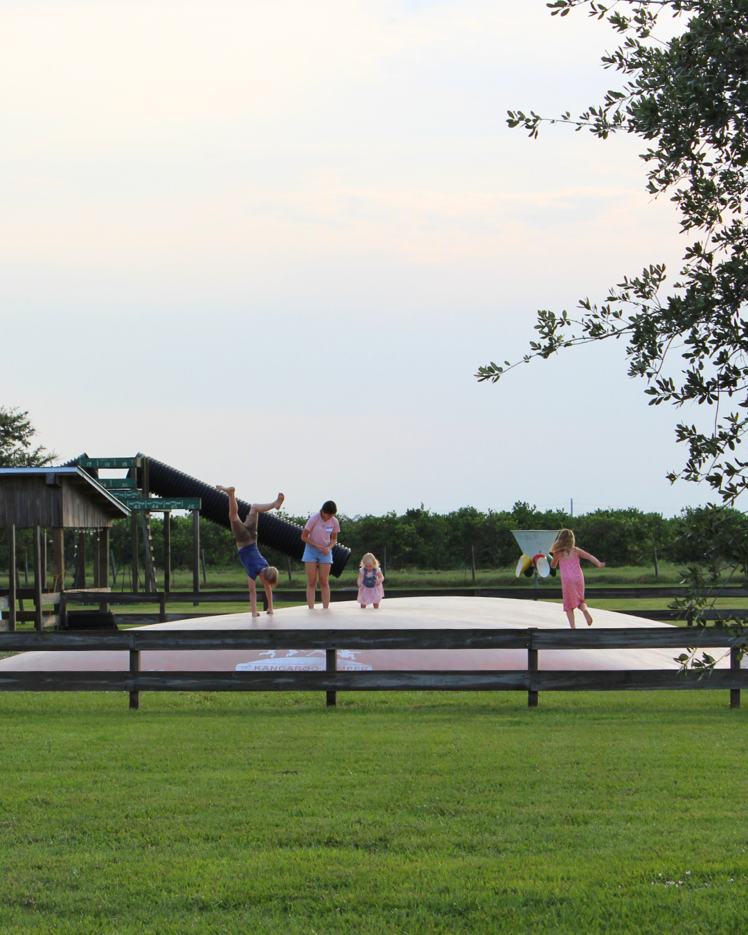 A group of children playing on a large, inflated jumping pillow in an outdoor park. The area is enclosed by a wooden fence, with a grassy field in the foreground. A wooden structure with a slide and trees is visible in the background under a partly cloudy sky.