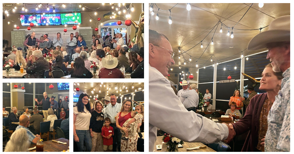 A collage of photos from a casual social event at a restaurant with outdoor seating. The top-left photo shows three people standing near a table, shaking hands under string lights, with a sign reading “Lightsey's” partially visible in the background. The top-right photo captures a group of attendees seated at a long table decorated with red floral centerpieces and drinks, while someone stands addressing the group. The middle photo features three individuals holding up matching gray shirts with a decorative design. The bottom-left photo shows three people standing together in front of a window with illuminated trees visible outside. The bottom-right photo depicts a family seated at a table with a festive centerpiece, with glowing trees visible through the window behind them. The setting is warm and inviting, with holiday-themed décor and evening lighting.