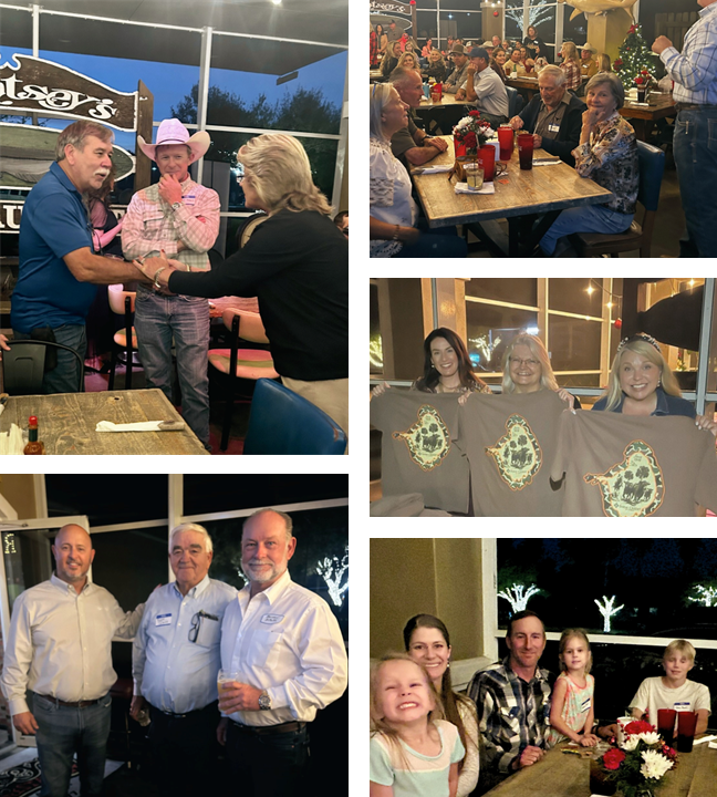 A collage of photos taken at a festive indoor gathering. The main image shows a large group of people seated at tables decorated with floral centerpieces, while others stand near a wall with a chalkboard menu and multiple TV screens displaying colorful graphics. Red ornaments hang from the ceiling, and string lights create a warm, cozy atmosphere. Smaller images include a speaker addressing attendees, a family posing together under the lights, and two individuals in cowboy hats shaking hands at a table. The setting appears lively and social, with rustic décor and holiday-themed accents.Provide your feedback on BizChat